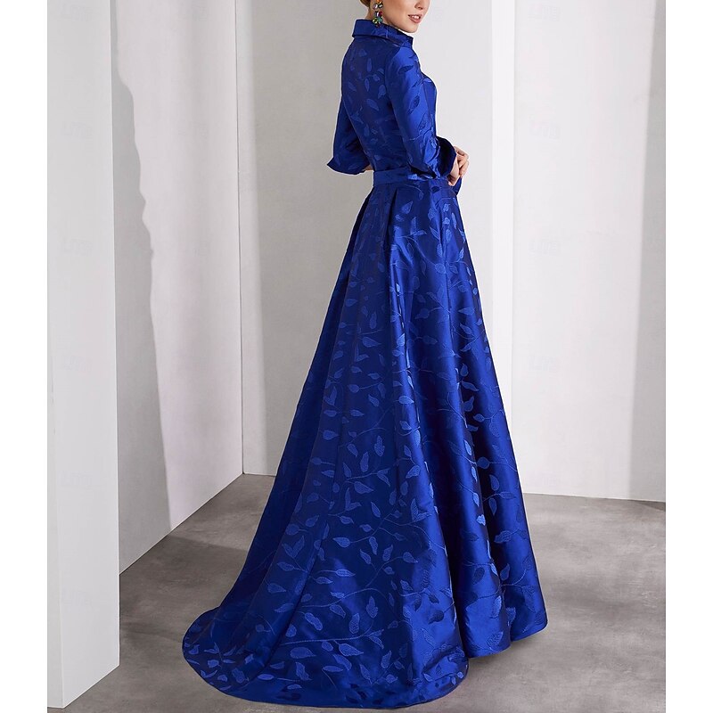 A-Line Mother of the Bride Evening Gown Elegant Dress Formal Wedding Floor Length 3/4 Length Sleeve Shirt Collar Pocket Satin with Floral Print Bow(s) Slit Wedding Guest Dress2