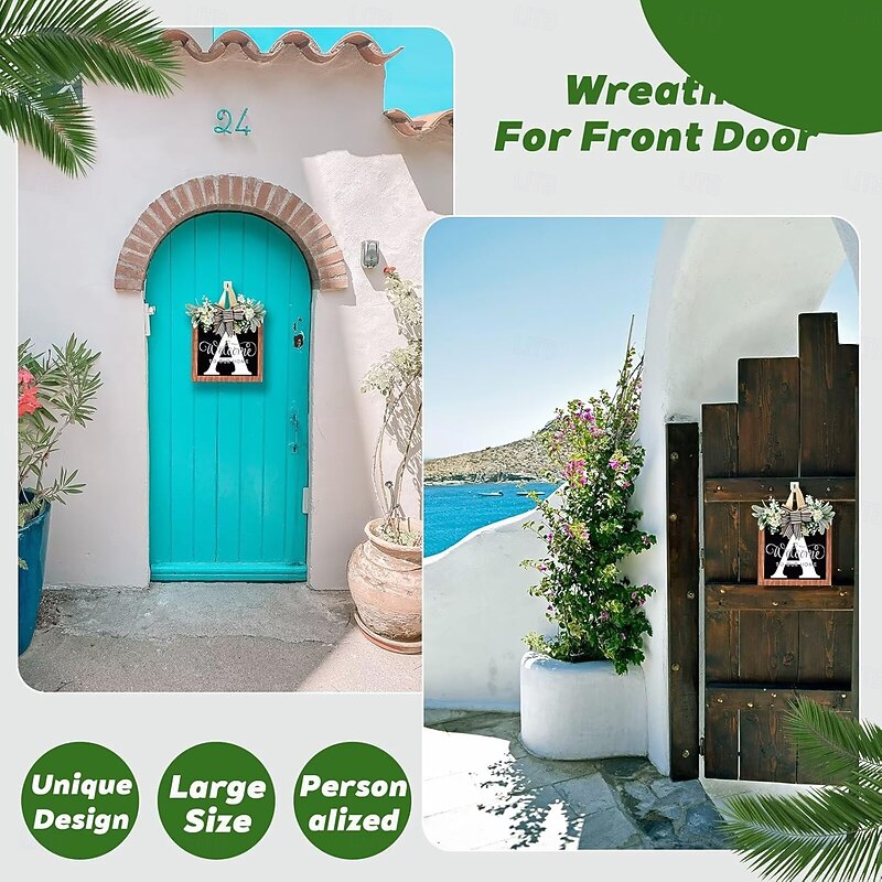 Last Name Welcome Door Wreath for Front Door 26 Letter All Year Round Wooden Hanging Decoration for Farmhouse Home Outdoor and Indoor Decor4