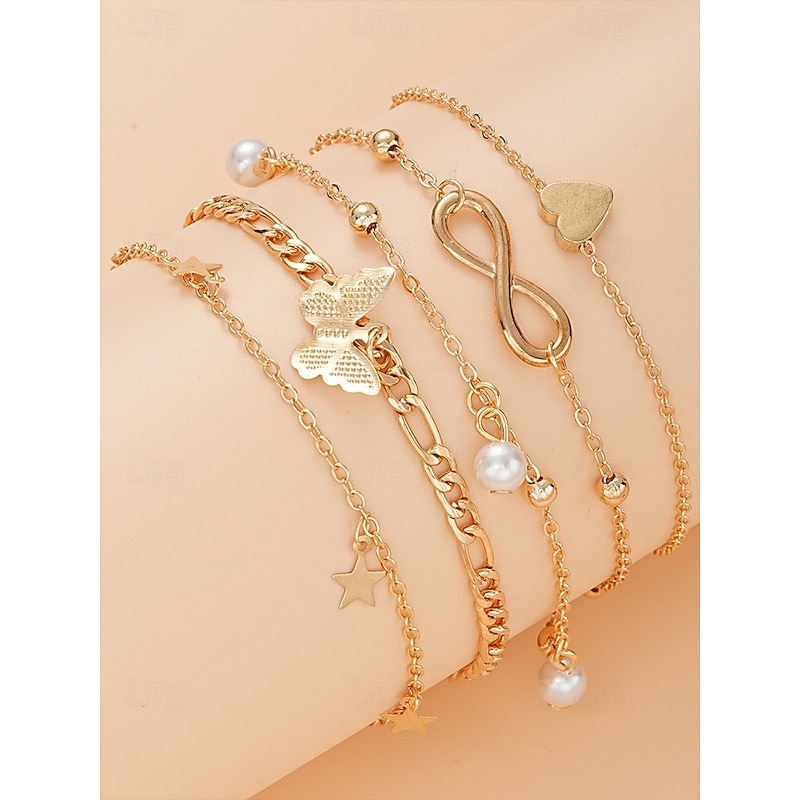 Women's Gold-Plated Layered Anklet Set with Butterfly, Heart, Star, Infinity, and Pearl Charms - Adjustable, Boho Chic Style for Beach and Casual Wear4