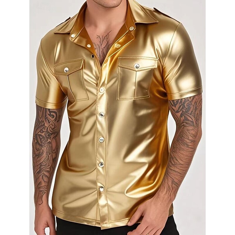 Men's Faux Leather Shirt Shiny Short Sleeve Clubwear for Pride Parade, Festival, Drag, Leather Party & Nightclub Fashion