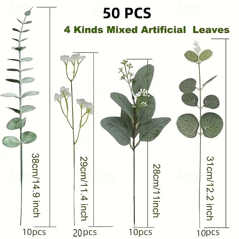 50 Bundles Artificial Greenery Plants for Wedding Decor, Realistic Faux Green Leaves, Rustic Simulation Floral Arrangements, DIY Table Centerpieces and Arch Decorations2