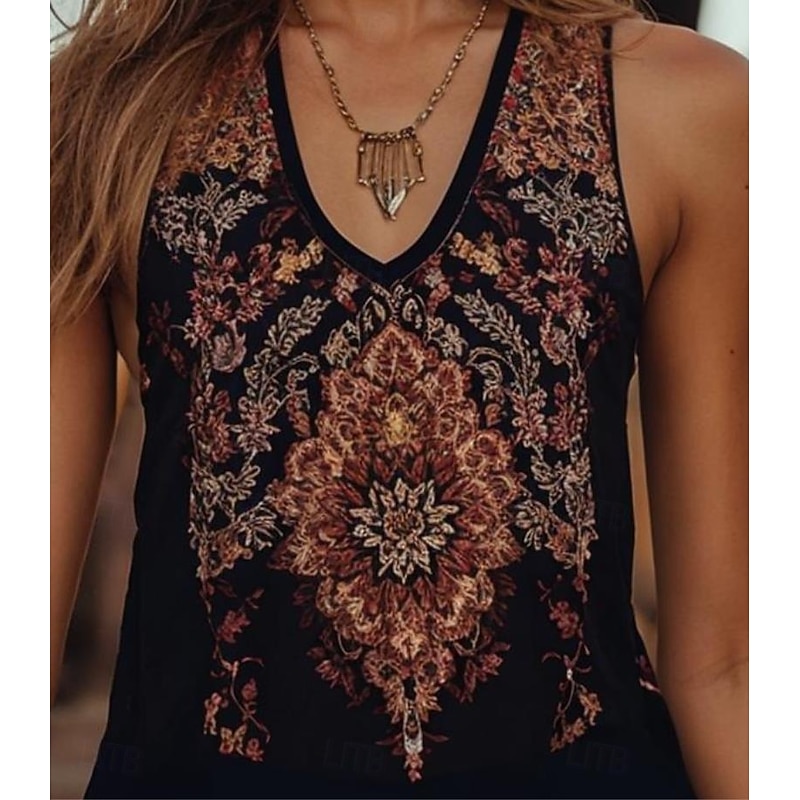 Women's Camisole Tank Top Floral Graphic Bohemia Daily Ethnic Sleeveless V Neck Regular Tops Daily Holiday Going out Black Summer Spring2