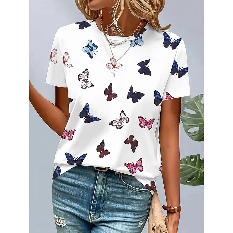 Women's T Shirt Graphic Animal Butterfly Vintage Stylish Classic Short Sleeve Crew Neck Round Neck Regular Tops Daily Weekend Print White Summer Spring