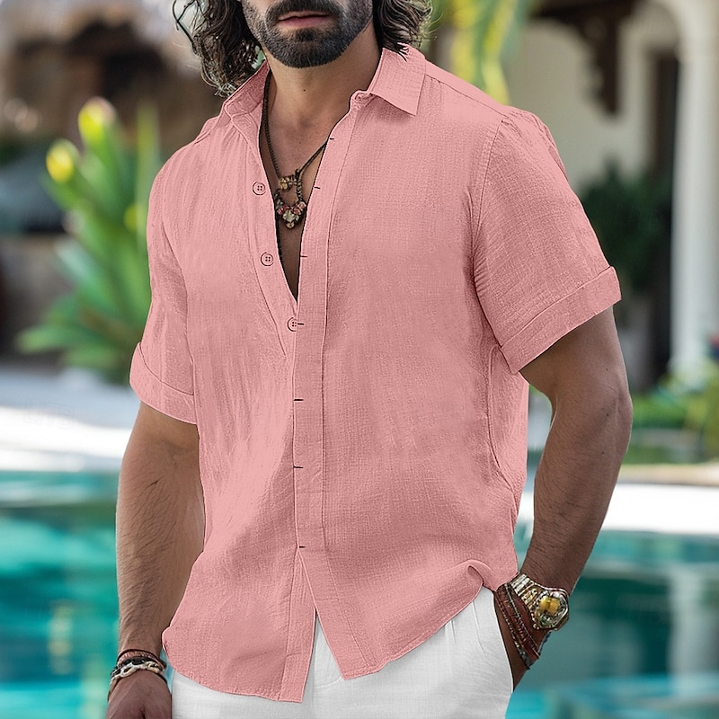 Men's Shirt Linen Shirt Summer Shirt Button Down Shirt Casual Shirt Beach Shirt Solid Color Vacation Daily Black White Pink Blue Short Sleeve Collar S