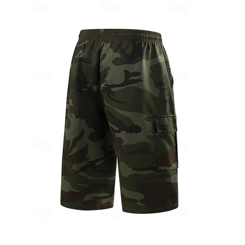 Men's Cargo Shorts Capri Pants Camo Shorts Summer Shorts Drawstring Elastic Waist Multi Pocket Camouflage Comfort Wearable Calf-Length Outdoor Sport Daily Fashion Casual Khaki Army Green4
