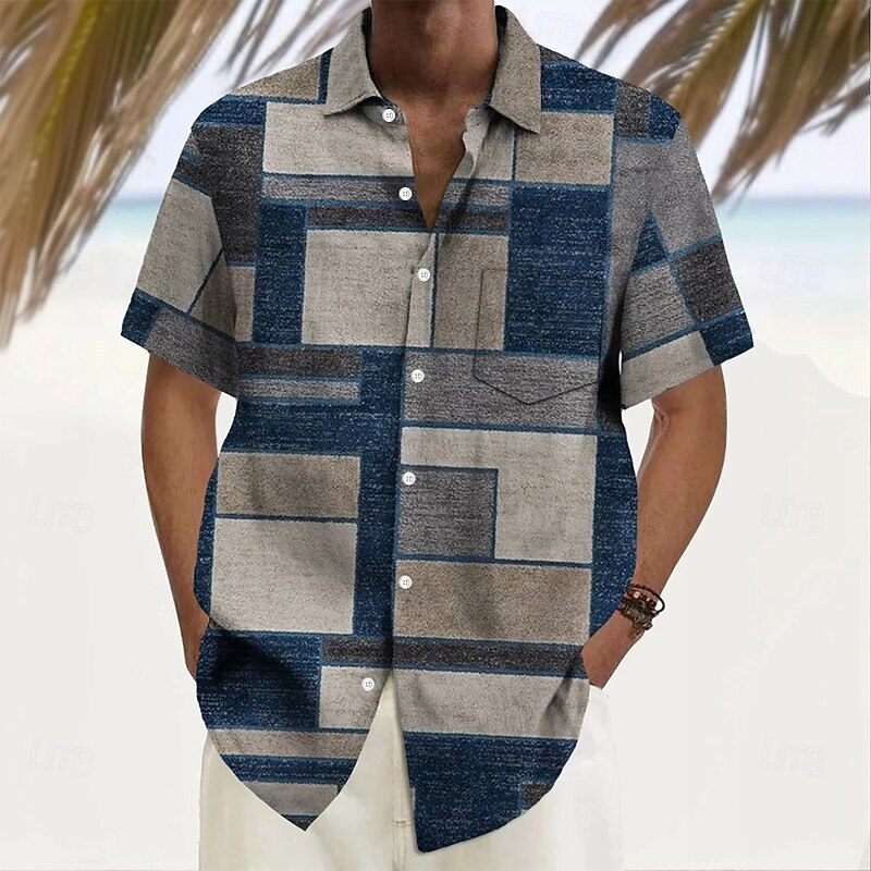 Men's Geometric Color Block Patchwork Shirt Summer Shirt Button Up Shirt Short Sleeve Fashion Casual Vacation Holiday Streetwear Summer Turndown 3D Print Front One Pocket Linen Like Shirt Dark Blue