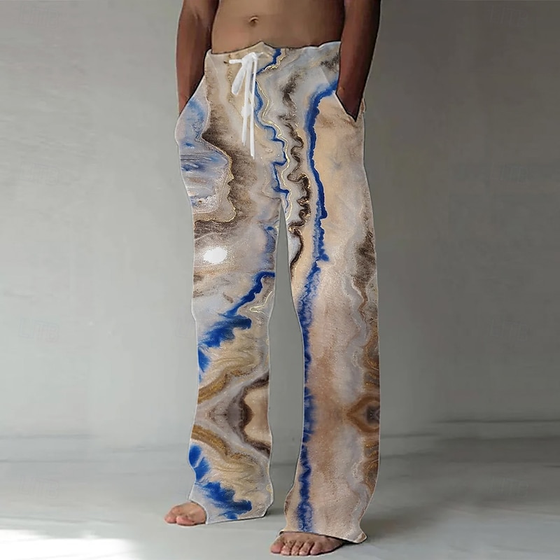 Men's Marble Abstract Liquid Art Trousers Baggy Pants Casual Pants Mid Waist Casual Outdoor Vacation Drawstring Side Pockets Elastic Waist Summer Spring 3D Print Black Blue Brown