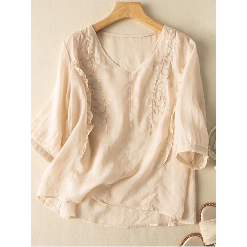 Women's Cotton Linen Shirt Floral Basic Ethnic Casual 3/4 Length Sleeve V Neck Regular Tops Daily Embroidered Yellow Navy Blue Purple Orange Apricot Summer4