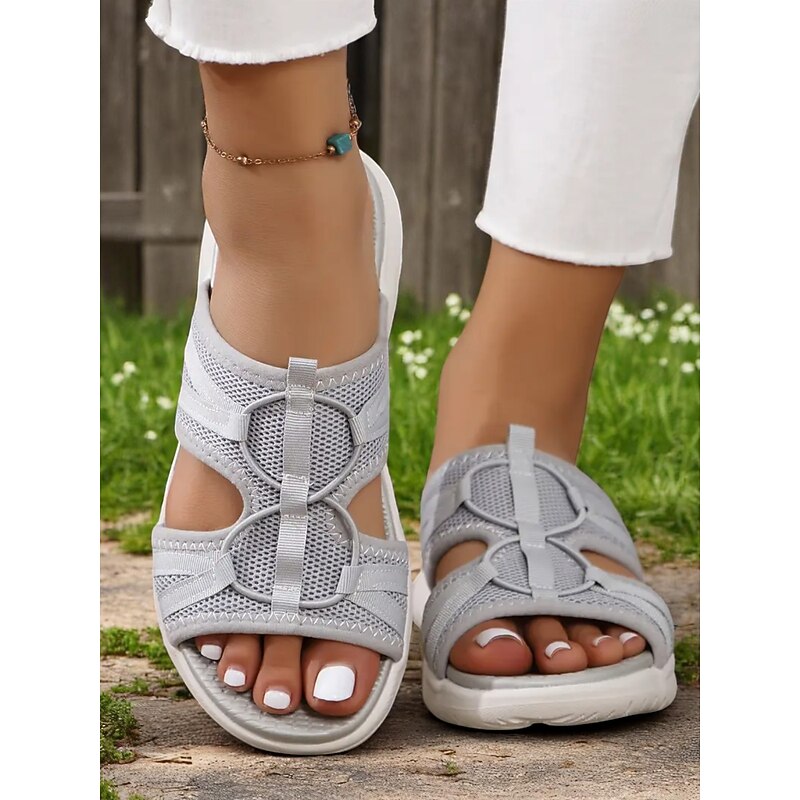 Women's Flyknit Sport Sandals – Lightweight Grey Mesh Slide Sandals, Flexible Sole, Perfect for Gardening and Daily Walks3