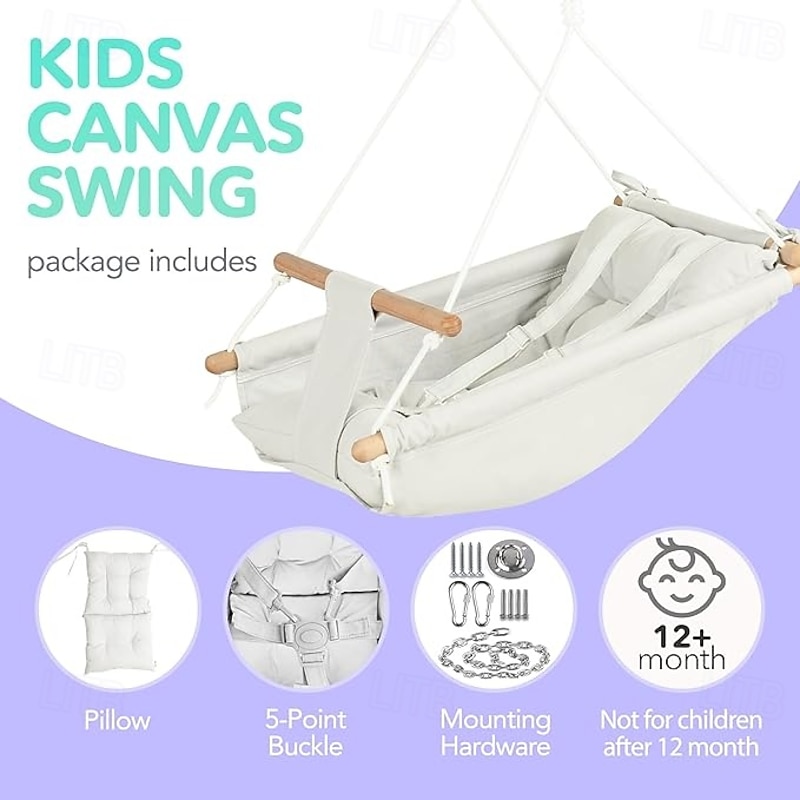 Children's Canvas Swing Wooden Hanging Chair With Seat Belt Durable Toddler Seat Suitable For Indoor And Outdoor Hammocks Baby Lounge Chairs3