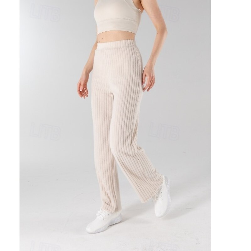Women's EU / US Size Bell Bottom Casual Full Length High Waist Solid Colored Stripe Sports Stretchy Athleisure Daily Wear rice white Black 1# Spring, Fall, Winter, Summer Loose Fit3