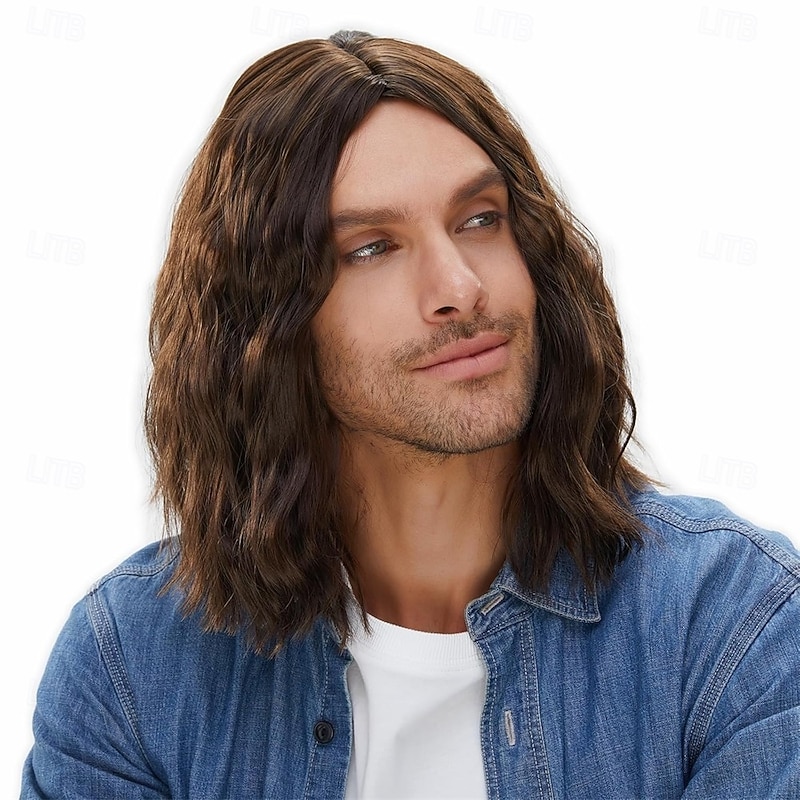 Long Wavy Men Wig for Party Curly Wigs for Man Male Hippie Rocking 70s 80s Them Party Cosplay Costume Anime Heat Resistant Synthetic Hair Wig With Cap Halloween Wigs