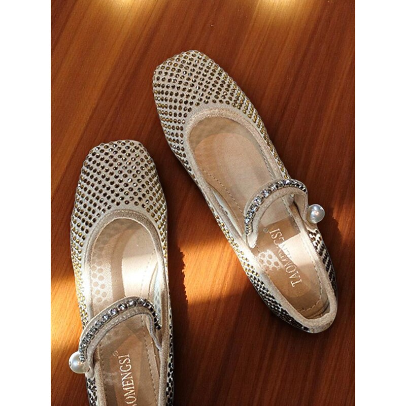 Women's Beige Mary Jane Flats with Rhinestone Detailing and Pearl Accent, Comfortable and Stylish, Perfect for Casual Date Nights