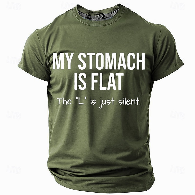 Men's Funny Graphic T-Shirt with 'My Stomach Is Flat, The 'L' Is Just Silent' Pun Humor