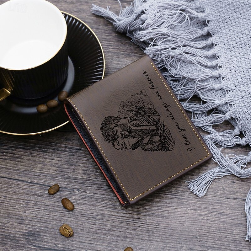 Personalized Photo Engraved Leather Wallet Custom Best Gift for Dad, Brown Leather, Custom Photo and Text Engraved Front and Back, Anniversary, Birthday, Father's Day, Christmas Gift3