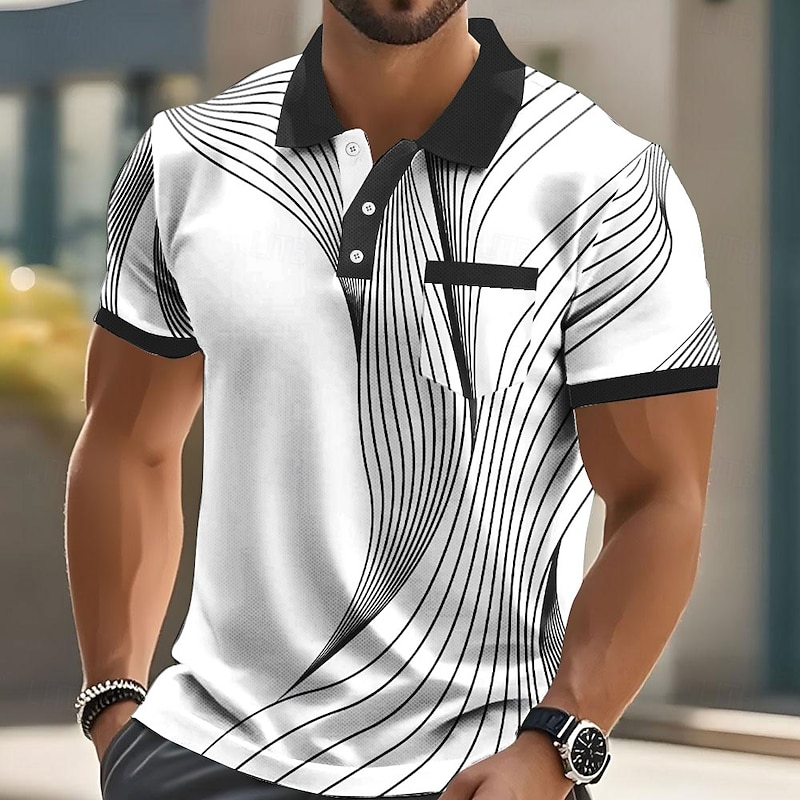 Men's Geometic Line Polo Short Sleeve Polo Shirts Collared Shirts Business Casual Outdoor Athleisure Daily Wear 3D Print Buttons Summer Black Red Blue4