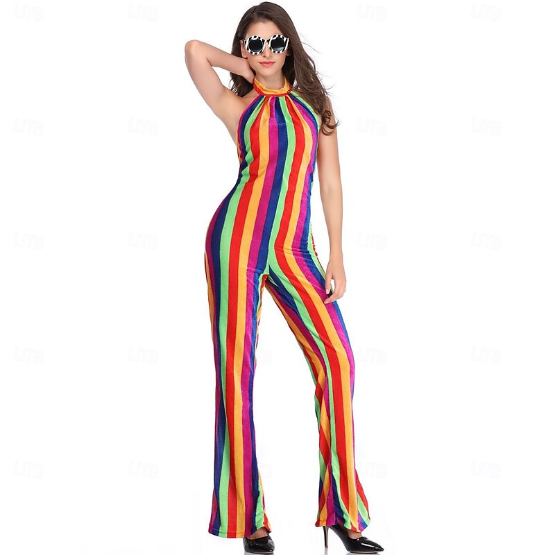 Retro Vintage 1970s Bell Bottom Jumpsuit Flared Trousers Disco Rainbow Striped Fancy Dress Women's Halloween Carnival Music Festival Pride Parade Pride Month Adults' Jumpsuit Summer