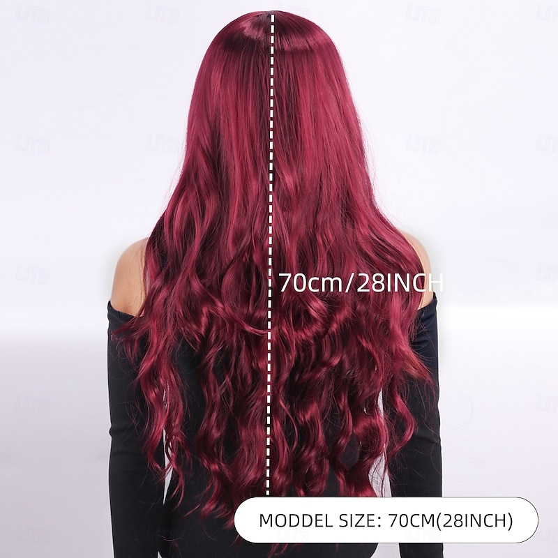 Synthetic Wig Wavy Bouncy Curl Layered Haircut With Bangs Machine Made Wig 28 inch A1 Synthetic Hair Women's Elastic Classic Comfortable Burgundy3