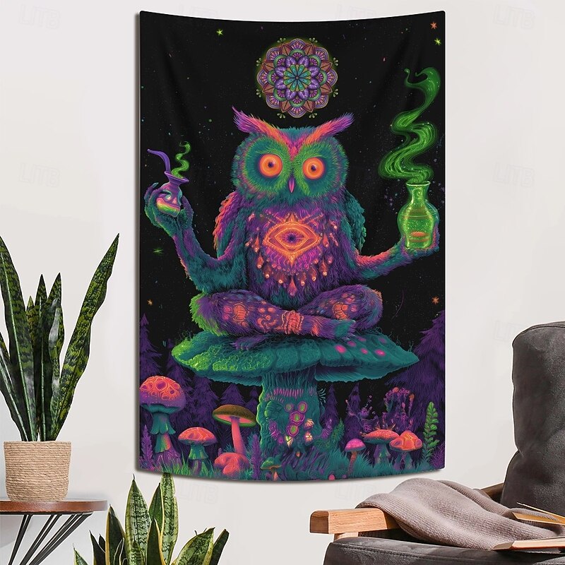 Blacklight Tapestry Glow in the Dark Glow Party UV Reactive Animal Owls Trippy Misty Hanging Tapestry Wall Art Mural for Living Room Bedroom 16