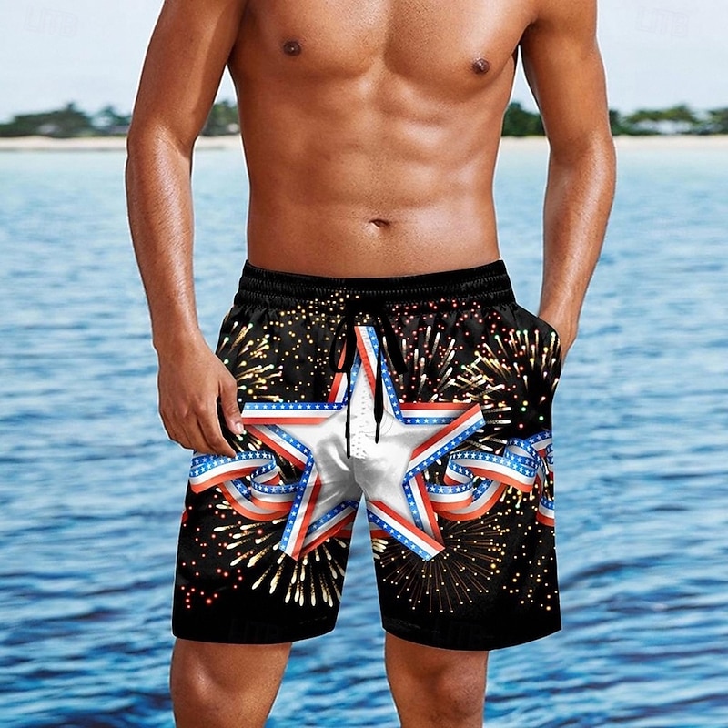 Independence Day Men's American US Flag Stars Patriotic Swim Trunks Swim Shorts Board Shorts Mid Waist Hawaiian Holiday Side Pockets Mesh Lining Elastic Drawstring Waist Designer Clothing Apparel