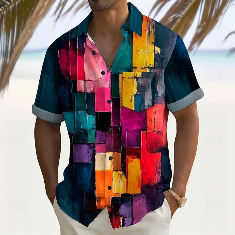 Men's Geometric Color Block Patchwork Shirt Summer Shirt Button Up Shirt Short Sleeve Fashion Casual Outdoor Vacation Dailywear Summer Spring Turndown 3D Print Collared Shirts Front One Pocket Blue