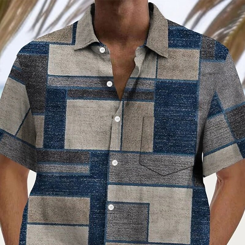Men's Geometric Color Block Patchwork Shirt Summer Shirt Button Up Shirt Short Sleeve Fashion Casual Vacation Holiday Streetwear Summer Turndown 3D Print Front One Pocket Linen Like Shirt Dark Blue2