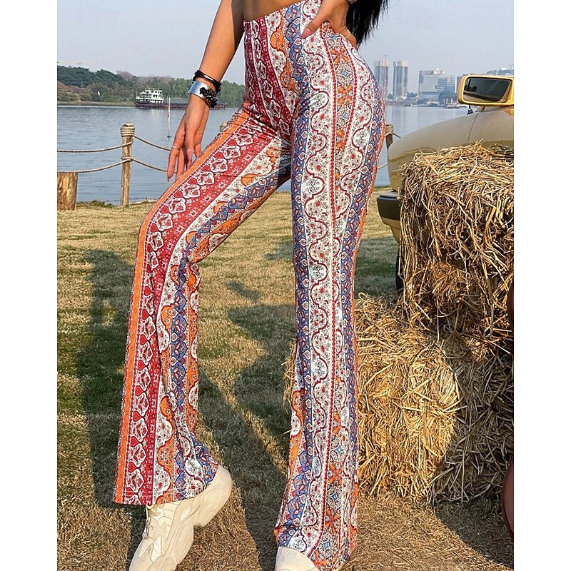 Women's Bell Bottom Slacks Fashion Boho Full Length Natural Flower Elastic Waist Printing Outdoor Comfortable Holiday Going out Magenta Orange red Black Pink Summer Regular Fit2