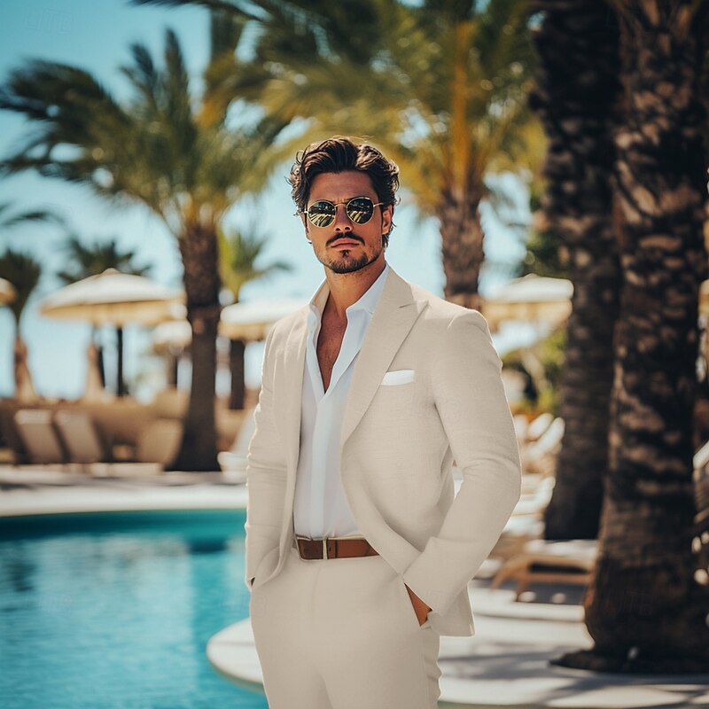 Men's Casual Wedding Linen Suits Summer Daffodil Beige Fashion Casual Solid Colored Standard Fit 2 Piece Single Breasted One-button4