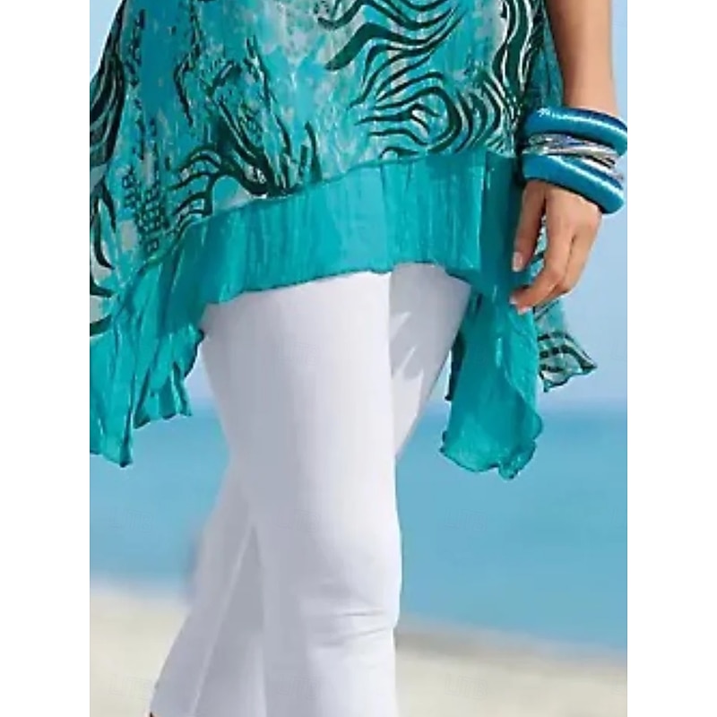 Women's Leggings Capri Pants High Elasticity Vacation Vintage Fashion Calf-Length Mid Waist Solid Color Printing Breathable Soft  Vacation Casual Daily White Summer Spring Regular Fit2