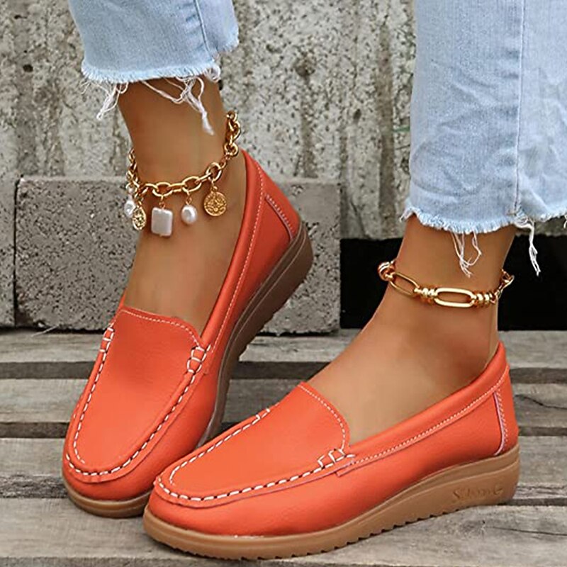 Women's Orange Faux Leather Loafers – Slip-On Moccasin Flats with Cushioned Sole for Casual Wear, Walking, and Daily Commute2