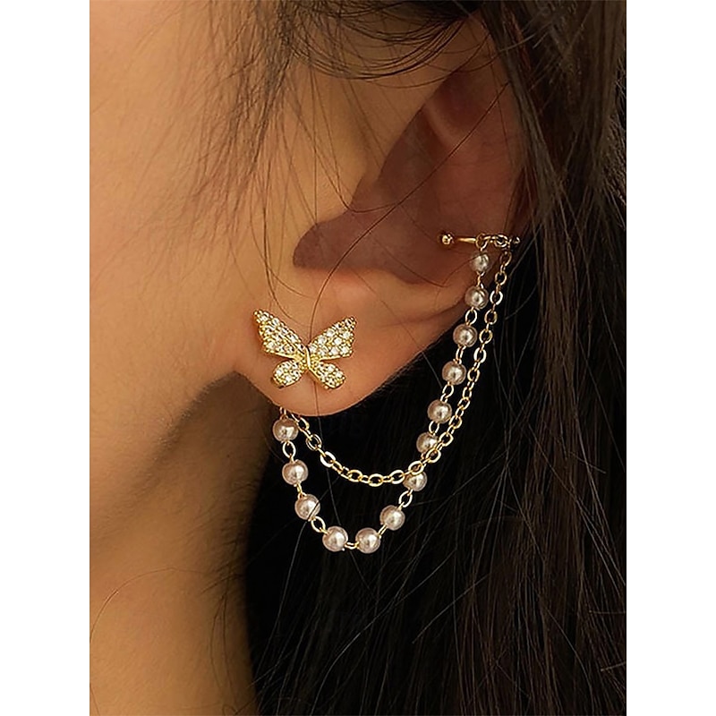 Women's gold butterfly pearl drop earrings with chain, asymmetric design, elegant crystal butterfly design, suitable for party and casual holiday wear