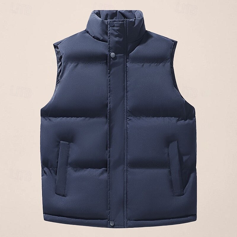 Men's Puffer Vest Daily Casual Spring &  Fall Pocket Polyester Comfortable Solid Color Zipper Stand Collar Black White Blue Vest2