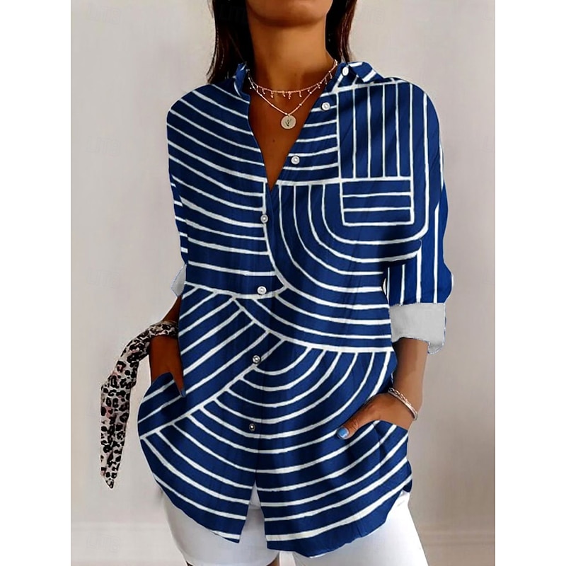Women's Shirt Button Down Tunic Shirt Collar Long Sleeve Graphic Geometric Stylish Modern Casual Regular Tops Work Daily s Print Blue Green Spring Fall Winter