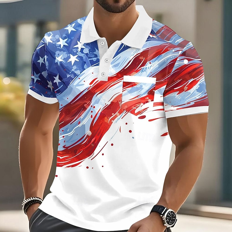 Independence Day Male American US Flag Polo Short Sleeve Turndown Casual Daily Sports & Outdoor Casual Buttons Pocket Summer Robin's Egg Blue White2