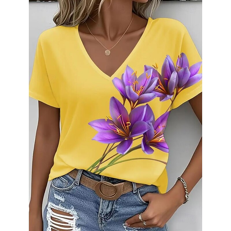 Women's T Shirt Ombre Graphic Plants Fashion Hawaiian Casual Long Sleeve V Neck Regular Tops Daily Going out Weekend Print Yellow Red Summer Spring4