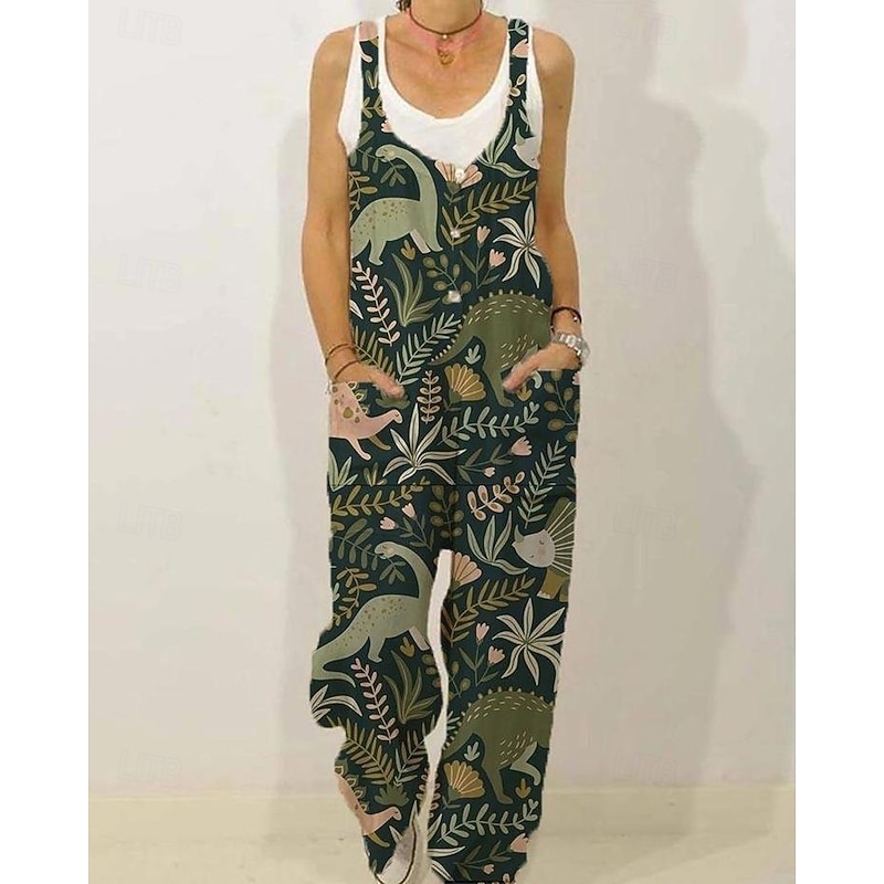 Women's Normal Jumpsuit Streetwear Floral Sleeveless V Neck Pocket Print Street Daily Regular Fit Black White Yellow Summer