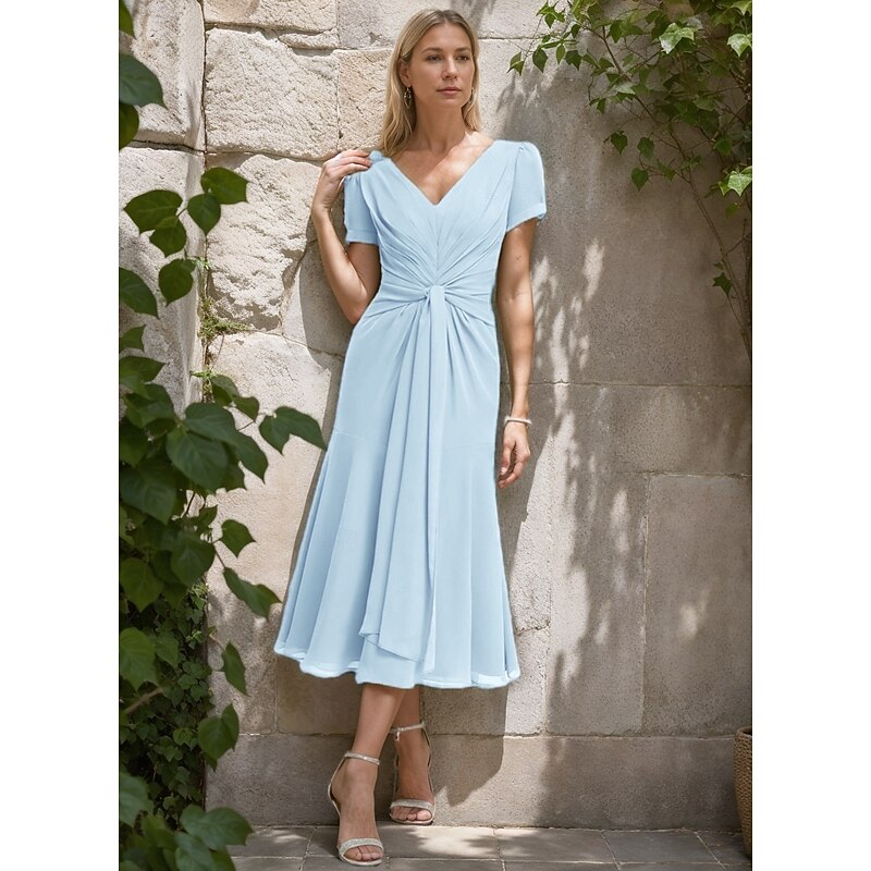 A-Line Mother of the Bride Dress Formal Wedding Guest Elegant Simple Minimalist V Neck Tea Length Chiffon Short Sleeve with Pleats Ruched4