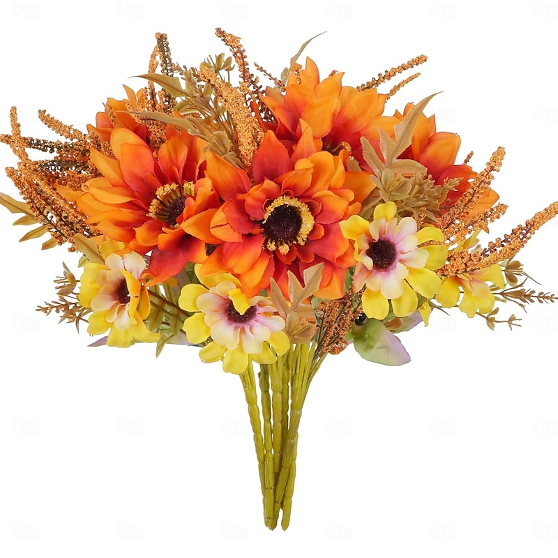 6 Bundles Artificial Fall Flowers Sunflowers Artificial Flowers Bouquet Dahlia Autumn Florals Arrangements for Decoration Sunflower Centerpieces for Tables Home Kitchen Thanksgiving
