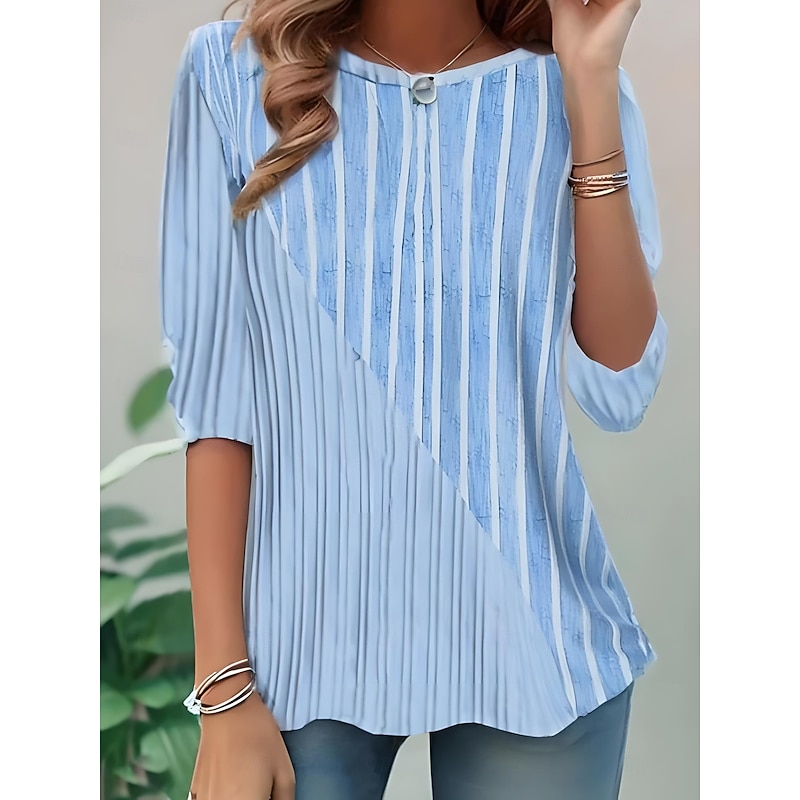 Women's T shirt Long Sleeve Crew Neck Long Sleeve Tunic Graphic Geometric Striped Elegant Vintage Round Neck Regular Tops Daily Going out Weekend Print Pink Blue Prefall
