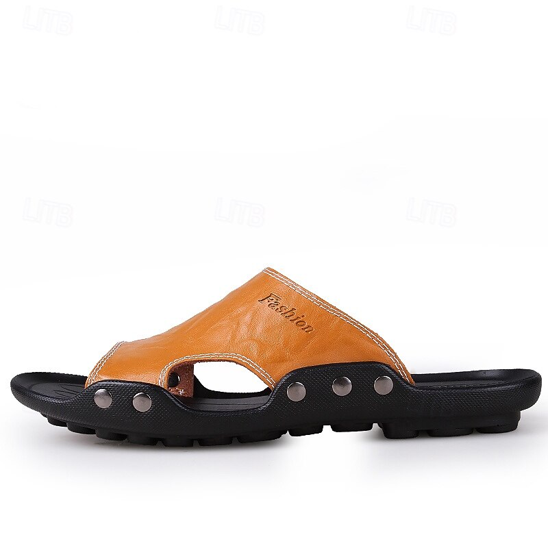 Men's Tan Faux Leather Open Toe Slide Sandals with Hollow Out Sole Design – Breathable Lightweight Slip-On Summer Slippers for Home, Beach and Casual Daily Wear4
