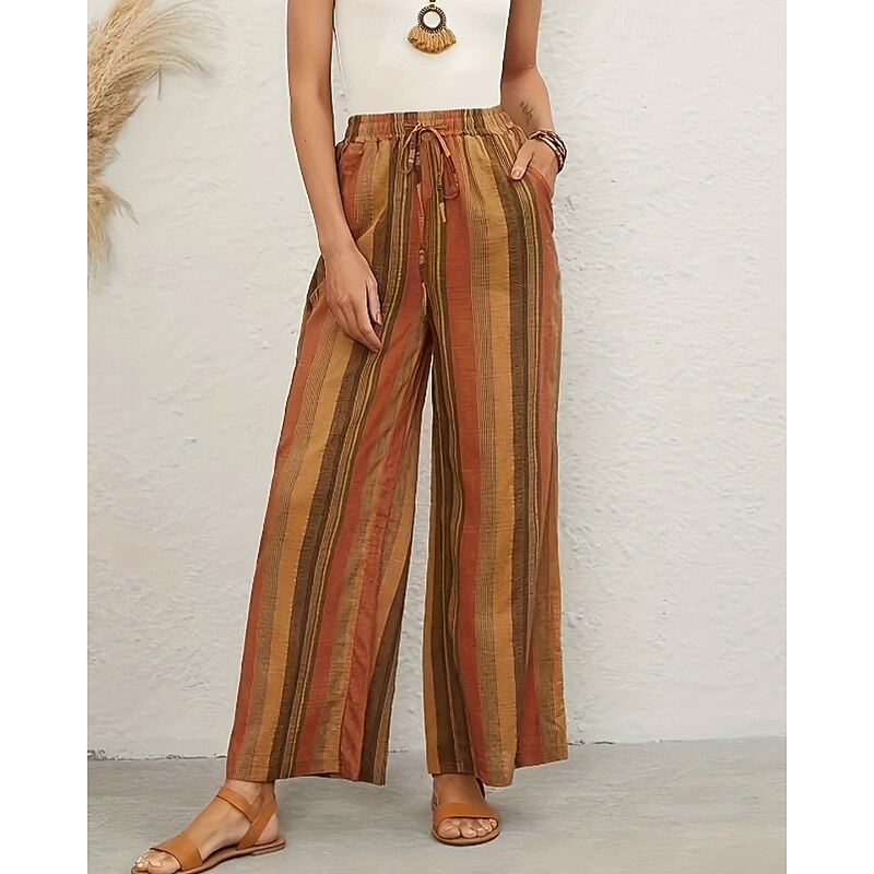 Women's Slacks Pants Trousers Casual Full Length Natural Striped Pocket Elastic Drawstring Design Comfy Outdoor Comfortable Outdoor Holiday Casual Daily Yellow Summer Regular Fit2