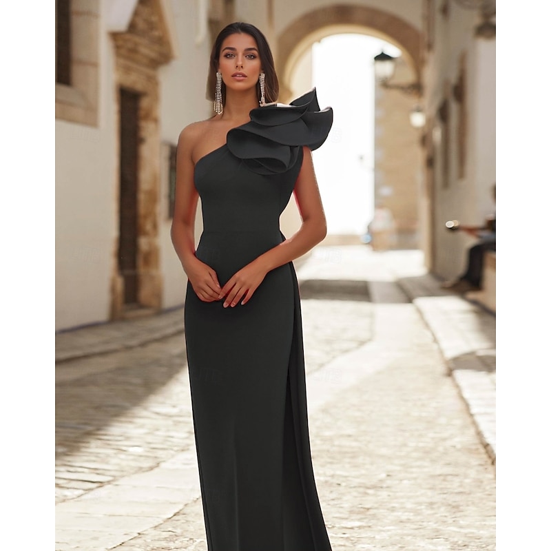 Red Black Column Evening Gown Elegant Dress Formal Wedding Guest Floor Length Sleeveless One Shoulder Detachable Stretch Crepe with Shawl3