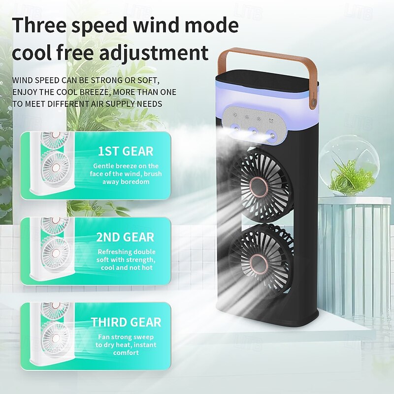Portable Dual Head Mist Fan with Humidifier, USB Rechargeable Cooling Fan with 3 Speeds and LED Light for Home Office Travel
