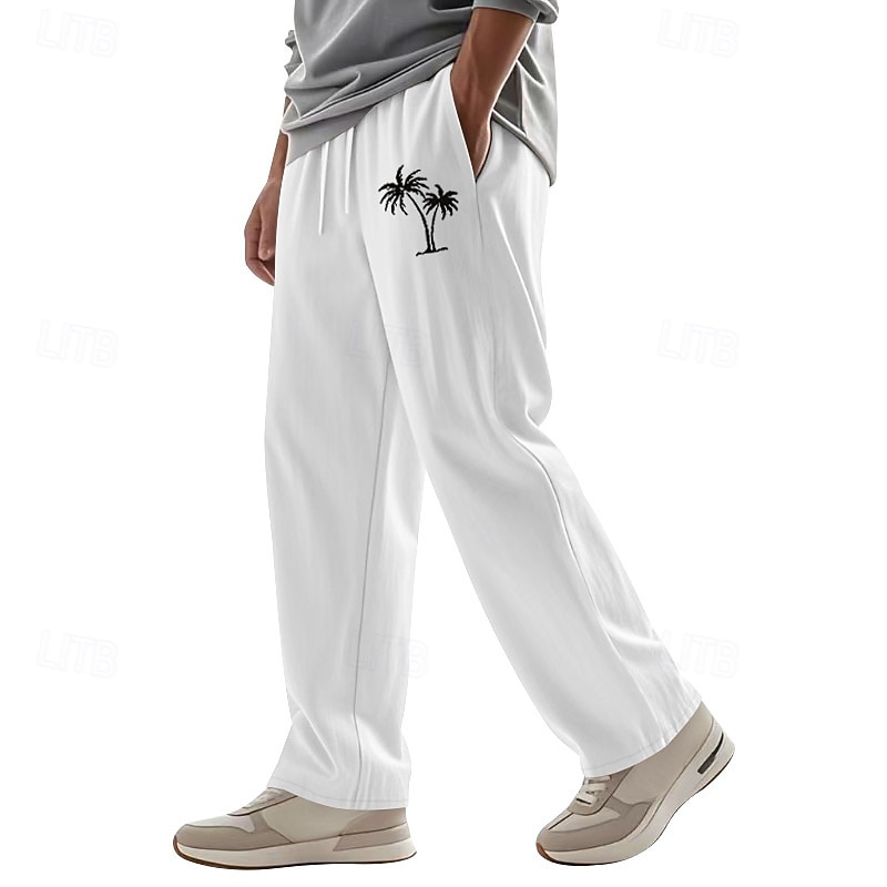 Men's Linen Pants Trousers Summer Pants Beach Pants Pocket Drawstring Elastic Waist Coconut Tree Comfort Breathable Vacation Daily Holiday Hawaiian Boho Black White