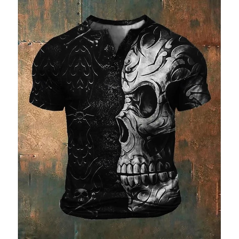 Men's Halloween Skull Cool Skulls T Shirt Henley Shirt Short Sleeve Designer Retro Vintage Street Casual Daily Summer Spring Dark Brown Black Henley Henley T-Shirt