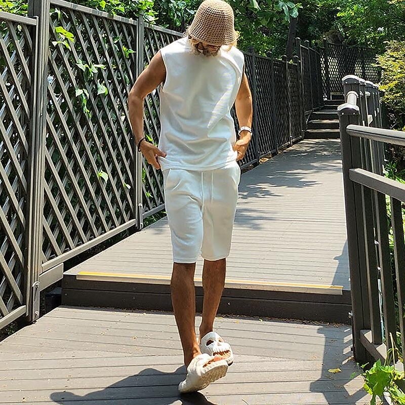 Men's Tank T-shirt Suits 2 Pieces Outfits Tee & Shorts Sleeveless Crew Neck Summer Plain Fashion Casual 2 Piece Vacation Daily Wear Going out Black White Top Tee for Men4