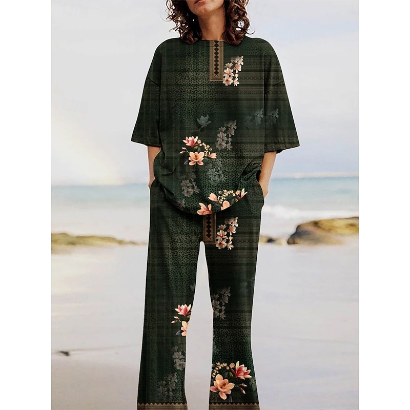 Women's Active Vacation Pants Sets Half Sleeve Crew Neck Ombre Floral Print Casual Daily Black White Navy Blue Summer Regular Fit2