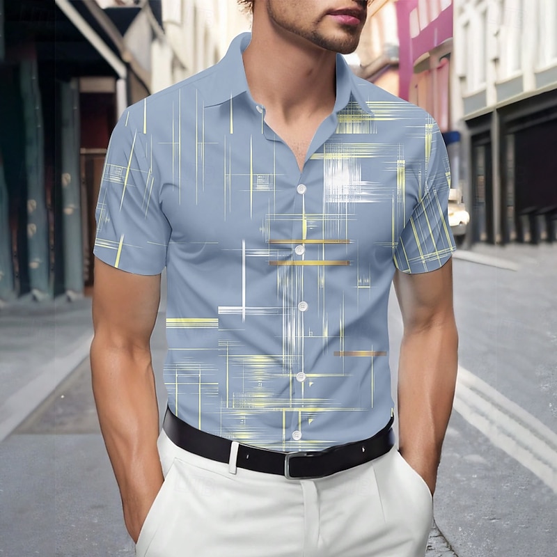 Men's Geometric Gradient Line Shirt Summer Shirt Button Up Shirt Short Sleeve Fashion Casual Outdoor Vacation Dailywear Summer Spring Turndown 3D Print Collared Shirts Black Pink Blue Dark Blue Gray3