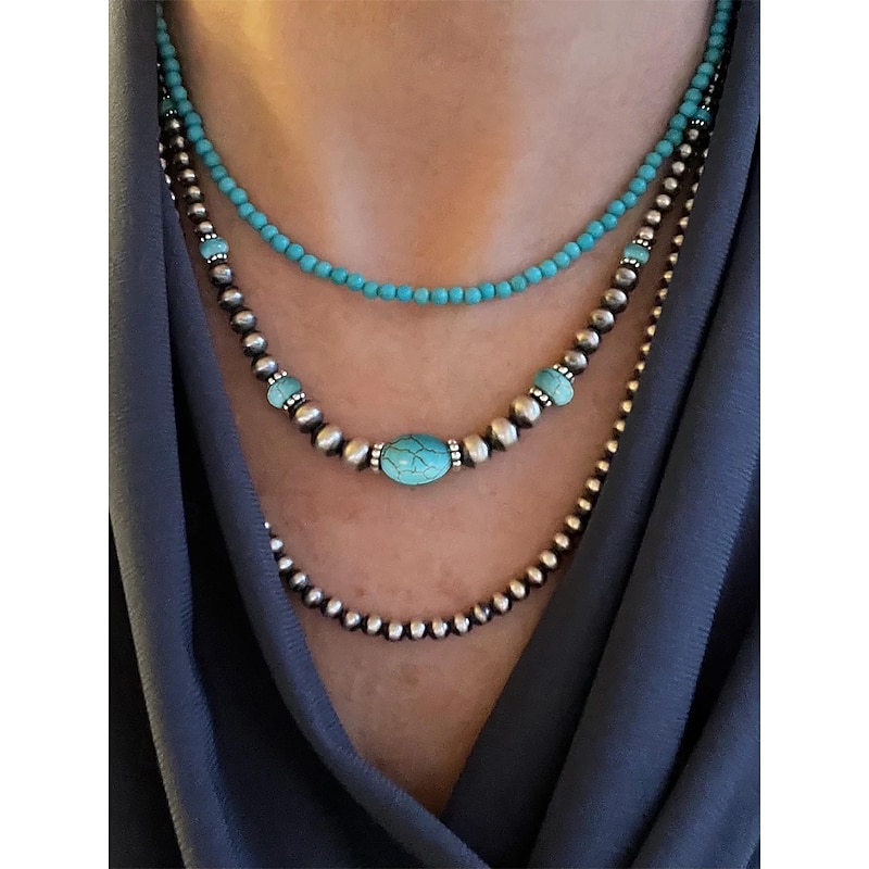 Women's Turquoise Beaded Layered Necklace – Southwestern Boho Style Jewelry for Casual Outfits, Beach Parties and Summer Festivals2