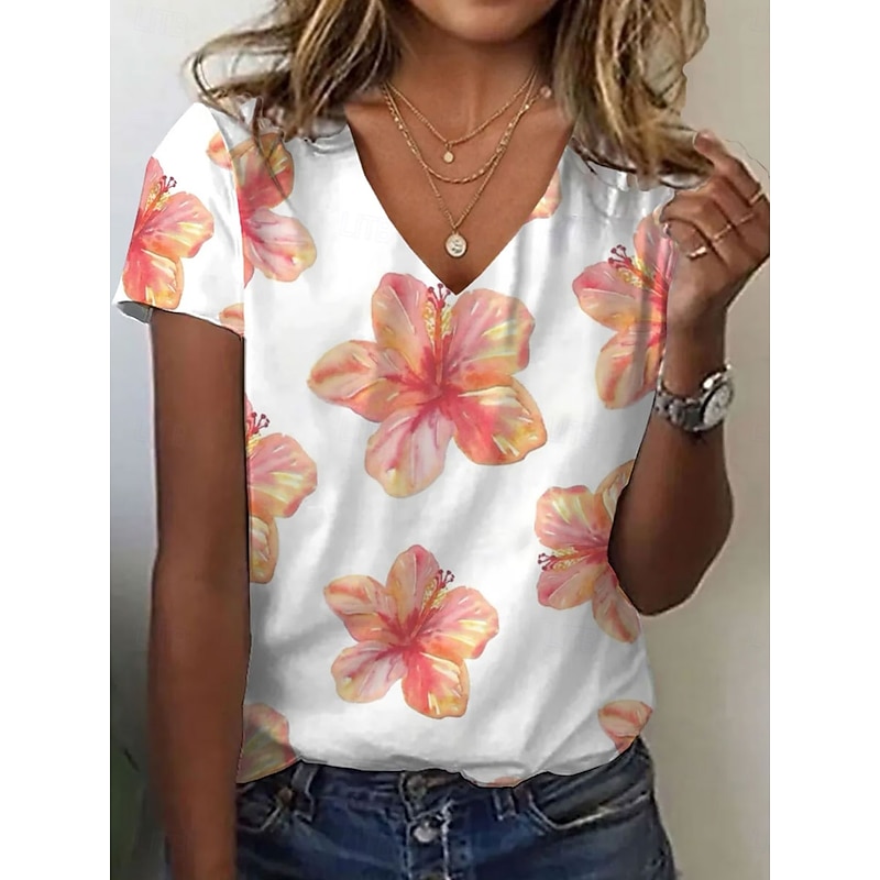 Women's T Shirt Floral Graphic Vintage Stylish Classic Short Sleeve V Neck Regular Tops Daily Print Orange Summer Spring